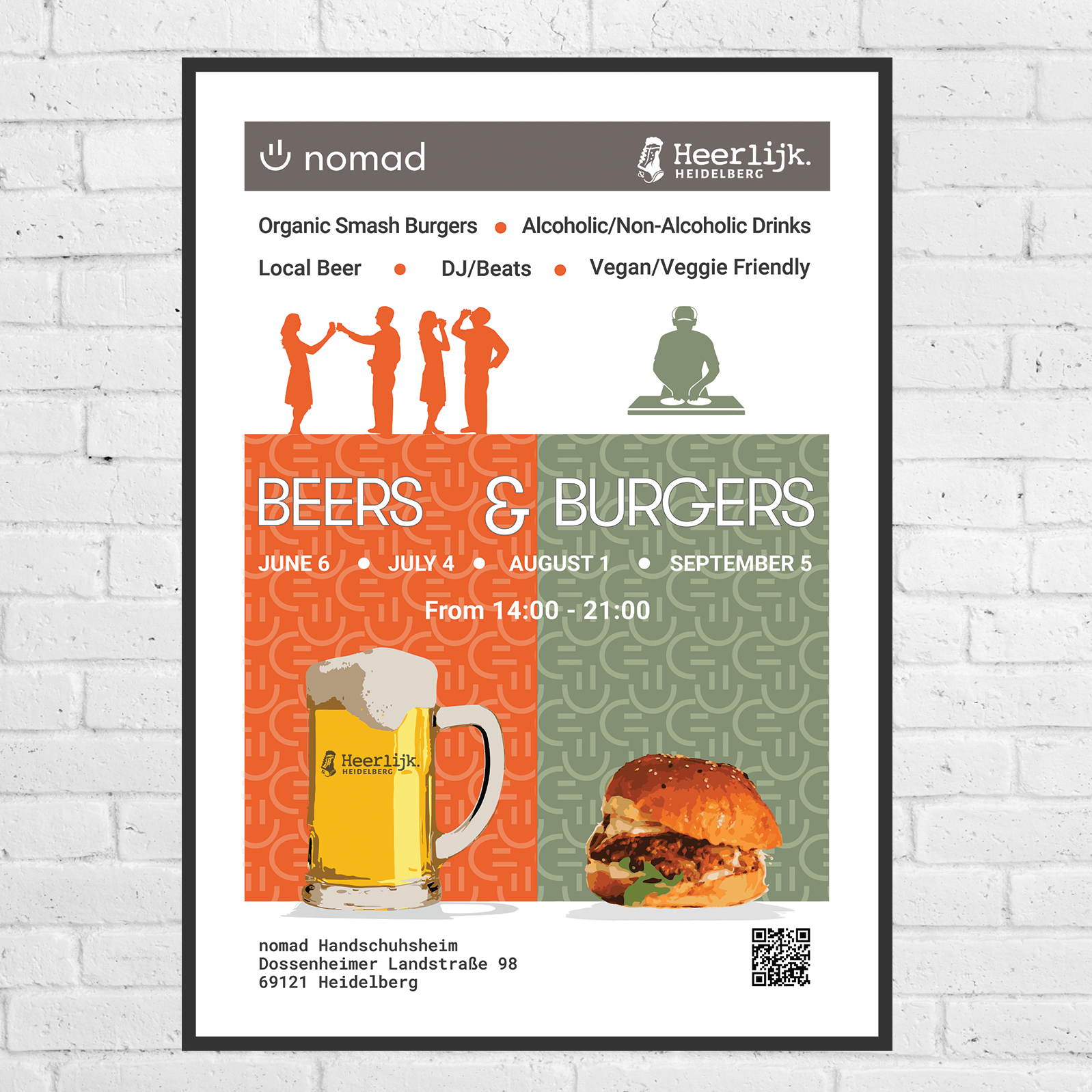 Poster idea for rooftop event featuring beers, burgers and DJ